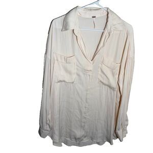 Free People Blouse Women's Medium Blush Ivory V-Neck Long Sleeve Sheer Top